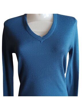 Medium True Vintage V-Neck Sweater Teal Long-Sleeve Knit Wool/Acrylic 1980's Mom